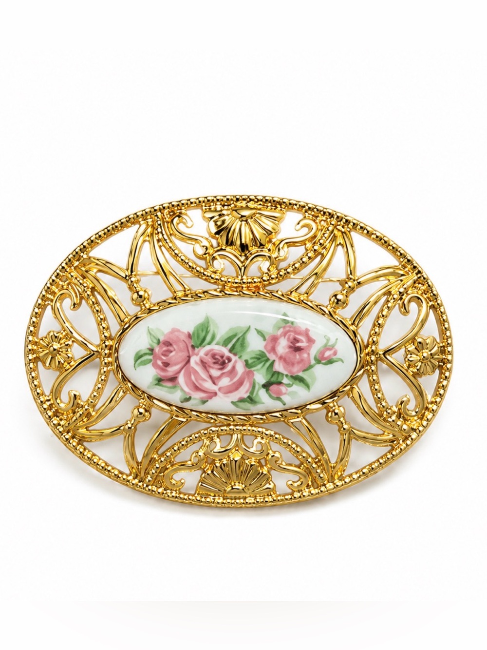 Vintage Avon Rose Cameo Filigree Brooch Gold Tone Floral Pin